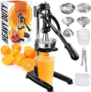 Zulay Kitchen Pulperizer 9 in 1 Cast Iron Juicer - Easy-to-Clean Heavy-Duty Manual Juicer with Presser Attachment to Juice All Types of Fruits! Extra Tall with Stainless Steel Bowl - Black