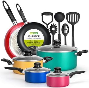 Vremi 15 Piece Aluminum Nonstick Pots and Pans Cookware Set with Lids and Cooking Utensils for Home, Kitchen, & Travel, Multicolor