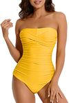 Smismivo Women's Strapless One Piece Tummy Control Swimsuit Ruched Padded Plus Size Bandeau Bathing Suit Sexy Slimming Tube Top Swimwear Yellow