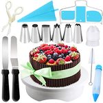 Gyvazla ake Turntable Set, Rotating Turntable Stand, Big Piping nozzles, Icing Smoother, Icing Spatula, Reusable Pastry Bag, Cake Pen Syringe, Coupler, Brush, Plastic Scissors, for Cake Decorating