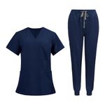 Baoblaze Uniform Scrub Set Work Suit Nurse Top Pants Work Clothes with Pockets Short Sleeve Work Clothes for Pet Groomer Healthcare, Navy, L