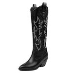 MERUMOTE Women's Western Cowboy Boots Embroidered Shoes Pull On Winter Boots Knee High Black 8.5US