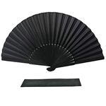 FANSOF.FANS Black Silk Fabric Folding Hand Held Fan with a Pouch Bamboo Ribs Chinese Vintage Handheld Girls Women Wedding Party Favour Gift (Simple Black)