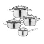 Velaze Cookware Set, Series Miki, 8-Piece Pan Set, Induction Safe, Saucepan, Casserole with Glass lid - Stainless Steel