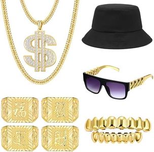LOYALLOOK 80s 90s Hip Hop Costumes Outfit for Men Women Money Chain Dollar Sign Necklace Old School Rapper Punk Sunglasses Bucket Hat Gold Kanji Ring Teeth Grillz Rapper Accessories Set, Alloy Steel,