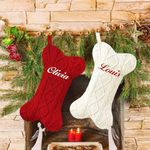 Personalized Knit Dog Bone Christmas Stockings with Custom Pet Name - Embroidered Name Knitted Large Red and Ivory - Farmhouse Fireplace for Family Decorations Holiday 2024 Xmas Gift - 2 Pack