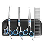 GEMEK Professional Grooming Scissors for Dogs with Safety Round Tips, Dog Grooming Scissors Set - Thinning, Straight, Curved Shears and Comb for Long Short Hair for Dog Cat Pet (Blue-5 in 1)