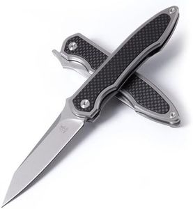 KATSU S35VN Folding Knife with Clip,Carbon Fiber Handle Pocket Knife Cleaver Razor Blade Frame Lock,Japanese Style Clip Point Blade Stonewashed Titanium Knives with Leather Sheath Camping