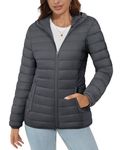 MAGCOMSEN Ladies Quilted Lightweight Hooded Puffer Water-resistant Jacket with Inner Pockets Winter Zip-up Casual Coat, Dark Grey XL