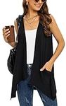 Veryoung Black Vest Cardigan for Women Fashion Casual Open Front Lightweight Summer Cardigans Sleeveless Draped Kimono with Pockets Asymmetric Hem,S