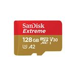 SanDisk 128GB Extreme microSDXC card +SD adapter, microSD card for smartphones, action cameras, drones, V30, up to 190 MB/s, SanDisk QuickFlow Technology, RescuePro Deluxe, UHS-I, 4k, V30, A2, U3