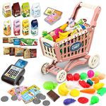 deAO Kids Shopping Cart Trolley Toy, 65pcs Supermarket Playset Cart with Food Fruit Vegetables, POS Machine, Plastic Money, Credit and Shopping Cards - Pretend to Play Role Play Educational Toy (Red)