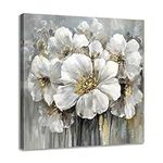 Flower Picture Decor Wall Art White and Gray Floral with Gold for Bedroom Bathroom Walls Decoration, Canvas Framed 13.5"x13.5"