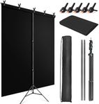 JEBUTU Black Backdrop with Stand 1.5 x 2M (5 x 6.5FT), Portable Black Photography Backdrop Stand with T-Shape Stand, 5 Clamps & Carry Bag for Portrait, Video, Studio, Shooting, Photo, Fliming, Party