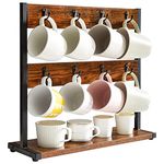 IBUYKE Rustic Coffee Mug Holder Stand, 2 Tier Countertop Mug Tree Holder Rack with Storage Base, Vintage Mug Holders for Kitchen, Holds 16 Mugs, Rustic Brown UTBJ001H