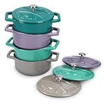 Navaris Cast Iron Round Cocottes (Set of 4) - 10.5cm Mini Cocotte Casserole Dishes with Enamel Coat, 290ml - Teal/Violet/Green/Grey