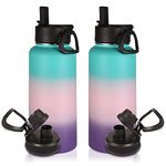 Volhoply 32oz Insulated Water Bottles Bulk 2 Pack with Straw Lid &Spout Lid,Stainless Steel Sports Water Bottle,Double Wall Vacuum Thermos,Leakproof Wide Mouth Metal Flask for Travel(Gradient Color,2)