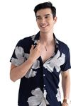 SNITCH Rayon Men's Slim Fit Linen Shirt (Navy, M)