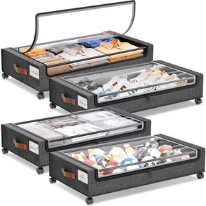 Yecaye Under Bed Storage with Wheels, 4 Pack Under Bed Rolling Storage with Clear Window & Label, 60 L Underbed Storage Containers, Rolling Under Bed Metal Drawer for Clothes, Shoes, Books