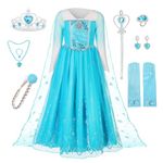 Pollen Elsa Princess Costume for Girls, Princess Dress Elsa Costume Children's Dress, 8-Piece Set Fancy Dress with Crown Wand Tiara Gloves for Christmas Wedding Cosplay Carnival Birthday Party, 130