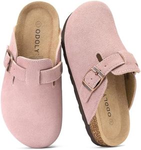 ODOLY Kids Genuine Suede Clogs, Comfortable Cork Footbed Slip On Mules Pink