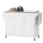 SoBuy® FKW33-W, Luxury Kitchen Trolley with Large Storage Cabinet, Kitchen Island with Stainless Steel Worktop, White