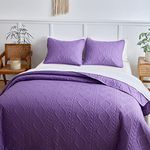 3 Pieces Purple Summer Quilt Set Full/Queen Size, Shabby Chic Jacquard Embossed Striped Textured Boho Style Bedspread Coverlet Set, Soft Microfiber Lightweight Reversible Bedding Set for All Season