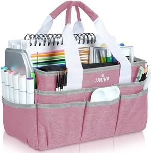 JJRING Craft Organizer Tote Bag, Art Storage Caddy with Multiple Pockets, Pink Sewing Bag for Art, Craft, Scrapbooking, School, Medical, and Office Supplies Storage