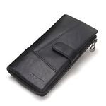 Contacts Genuine Leather Wallet,Mens Secretary Long Cltch,Zipper Wallet Purse with 12 Card Slots (Black)