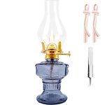 Kerosene Oil Lamp,1 Vintage Kerosene Lamp,1 Tweezers and 2 Wicks,Glass Hurricane Lantern for Indoor Lighting Decoration Outdoor Camping Use (Blue)