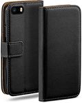 MoEx Flip Case for iPhone 5s / 5 / SE (2016), Mobile Phone Case with Card Slot, 360-Degree Flip Case, Book Cover, Vegan Leather, Deep-Black