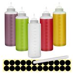 32oz Squeeze Bottles with Caps, Happybase 5 Pack 1000ml Squeezy Sauce Bottles, Plastic Squeeze Dispensers with Measurements for Ketchup, BBQ, Sauces, Syrup, Dressings