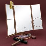 STELLIFEROUS 10x Trifold Makeup Mirror with Adjustable LED Lights | 2X, 3X, 10X Magnifying | Dual Power Options: Battery & USB Plug in | Magnifying Mirror for Home and Beauty Salon (Rose Gold)