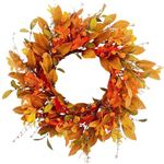 Betylifoy Fall Wreath for Front Door 22'' Outdoor Fall Door Wreaths Orange Autumn Wreath with Eucalyptus Pumpkin Berry Artificial Maple Wreath for Wall Window Festival Thanksgiving Home Decor