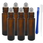 6Pcs, 10ml Brown Glass Roller on Bottles with Stainless Steel Roller Ball - Refillable Essential Oil Roller Bottles with Lid Opener Pry Tool & 1 Transfer Pipette,for Aromatherapy, by JamHooDirect