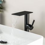 BAITUJIE Tall Basin Taps Waterfall, Black Bathroom Taps Tall Basin Mixer Tap Matte Black High Rise Basin Sink Mixer Tap Single Handle Square Monobloc Waterfall Taps