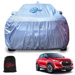 GARREGE® Metallic Silver Triple Coated Inner Soft Lining Cotton Waterproof Car Body Cover with Mirror Antena Pocket Blue Strap Style for Nissan Magnite Cars (Box Printed Silver)