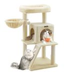 Feandrea Cat Tree, Small Cat Tower with Widened Perch for Large Cats Indoor, Kittens, 96 cm Multi-Level Cat Condo, Scratching Posts and Ramp, 2-Door Cat Cave, Cat Basket, Beige UPCT51M