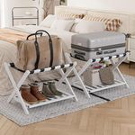 Smart FENDEE 2 Packs Fully Assembled White Luggage Racks with Shoe Shelf, Folding Suitcase Stand with 5 Straps, Wooden Luggage Stand Ideal for Guest Room, Bedroom, Hotel