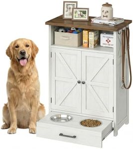Dog Feeding Station with Storage, Rustic Barn Door Dog Food Cabinet with Pull-Out Stainless Steel Bowls, Pet Feeding Station with Side Hooks for Medium & Large Dogs