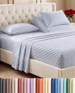 Flex Top Split Head King 4 Piece Sheet Set - Comfy Breathable & Cooling Bed Sheets Set - Hotel Luxury Bedding for Women, Men, Kids, Teens, Boys & Girls - Deep Pockets, Soft - Oeko-Tex - Blue Stripes