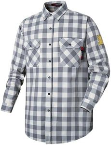 DPSAFETY FR Shirts for Men 7oz Fire Resistant Shirts CAT2 Welding Shirt 100% Cotton Flame Resistant Shirt Grey/Plaid(Large)