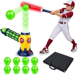 Kids Baseball Pitching Machine Set T Ball Set with Remote Bat, 8 Glow Balls | One Button Pitch Baseball Launcher, LED Light Bat, Durable ABS, Storage Bag, Outdoor Sports Toy Gift for Boys Girls Ages 6-12