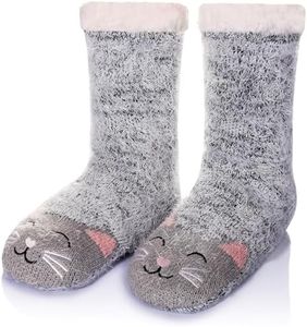 Women Winter Socks Knit Anti-Slip Sweat Warm Cute Cartoon Animals Fuzzy Home Slipper Socks (Grey Cat)