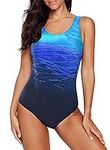 Aleumdr Ladies Fashion Gradient Color Block Printed Soft Cup Padded Plus Size Swimming Suits One Piece Swimwear Swimsuit for Women Blue XX-Large