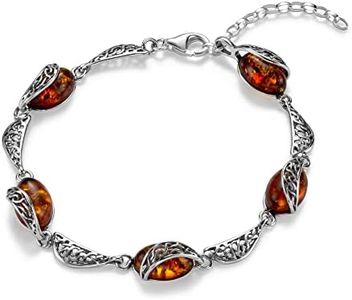 Copal Women's Amber Bracelet Real Silver 925 Natural Brown Adjustable Eco Packaging Gift Ideas for Women, 19 centimeters, Sterling Silver