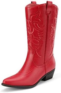 DREAM PAIRS Women's Cowboy Boots Pull On Cowgirl Boots Mid Calf Western Boots, Available in Regular and Wide Calf,Size 8,Red,SDMB2218W