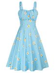 Belle Poque Women Daisy Print Dress for Summer Elegant A-Line Swing Cocktail Party Dress Midi Length 380-13 L