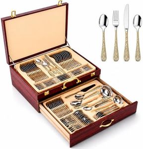 Opal Abode -72 Piece Gold Stainless Steel Flatware Cutlery Set for 12 People, Classic Luxury Design with Wooden Storage Case, Premium Dinnerware for Home, Dinner Parties, Restaurants, Hotels & Events