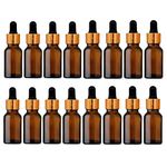 Set of 16-15 ml Glass round amber bottles with golden dropper silicon teat refillable leak proof for essential oils serum bottle and face oils